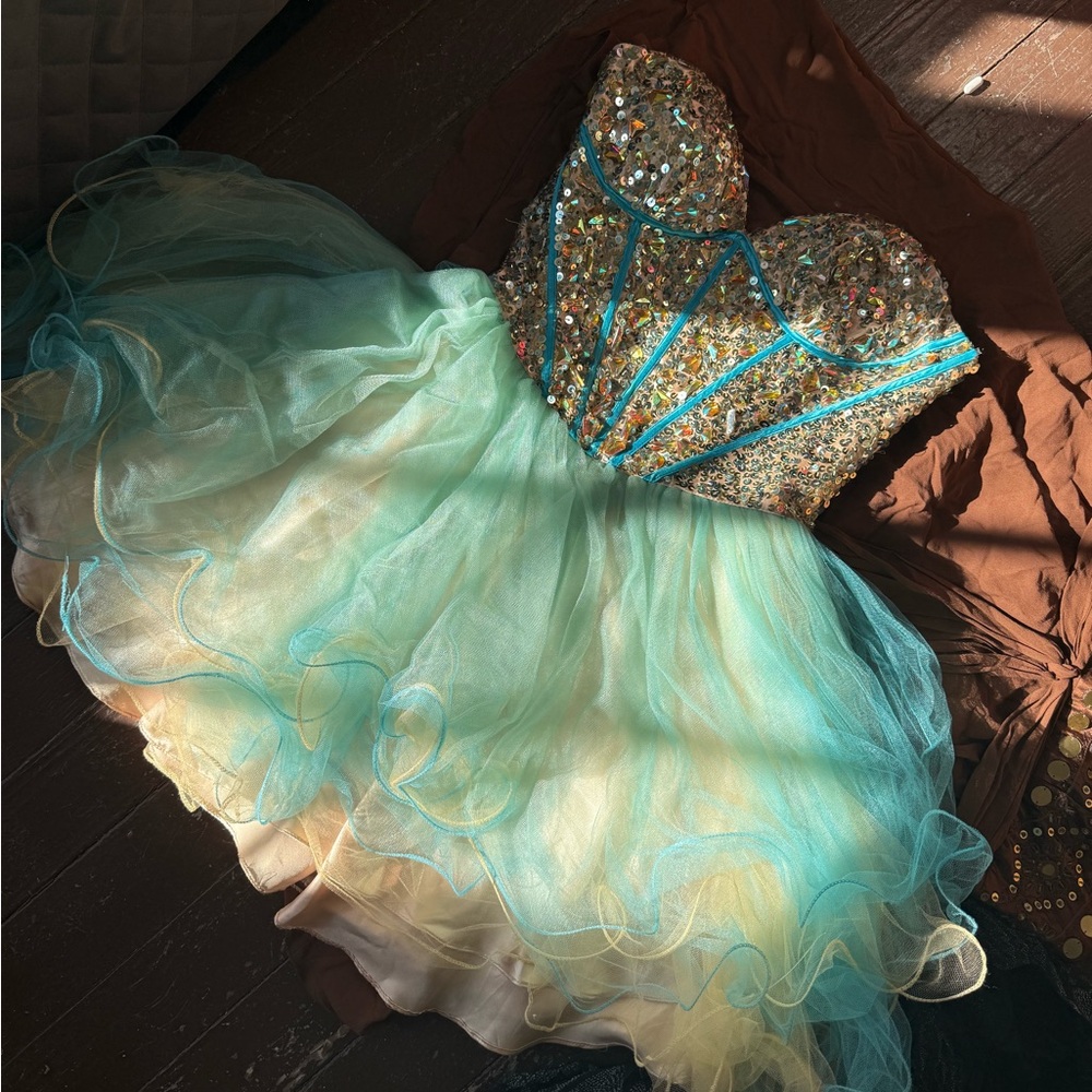 Cinderella Gold and Aqua Prom Dress